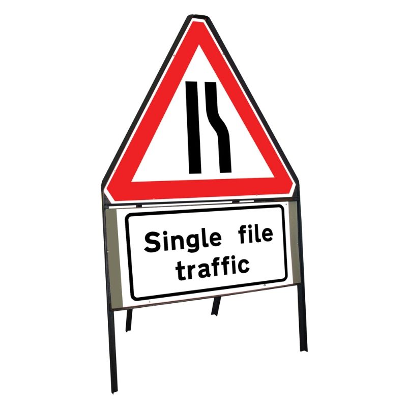 Road Narrows Offside Riveted Triangular Metal Road Sign with Single File Traffic Supplement Plate - 750mm