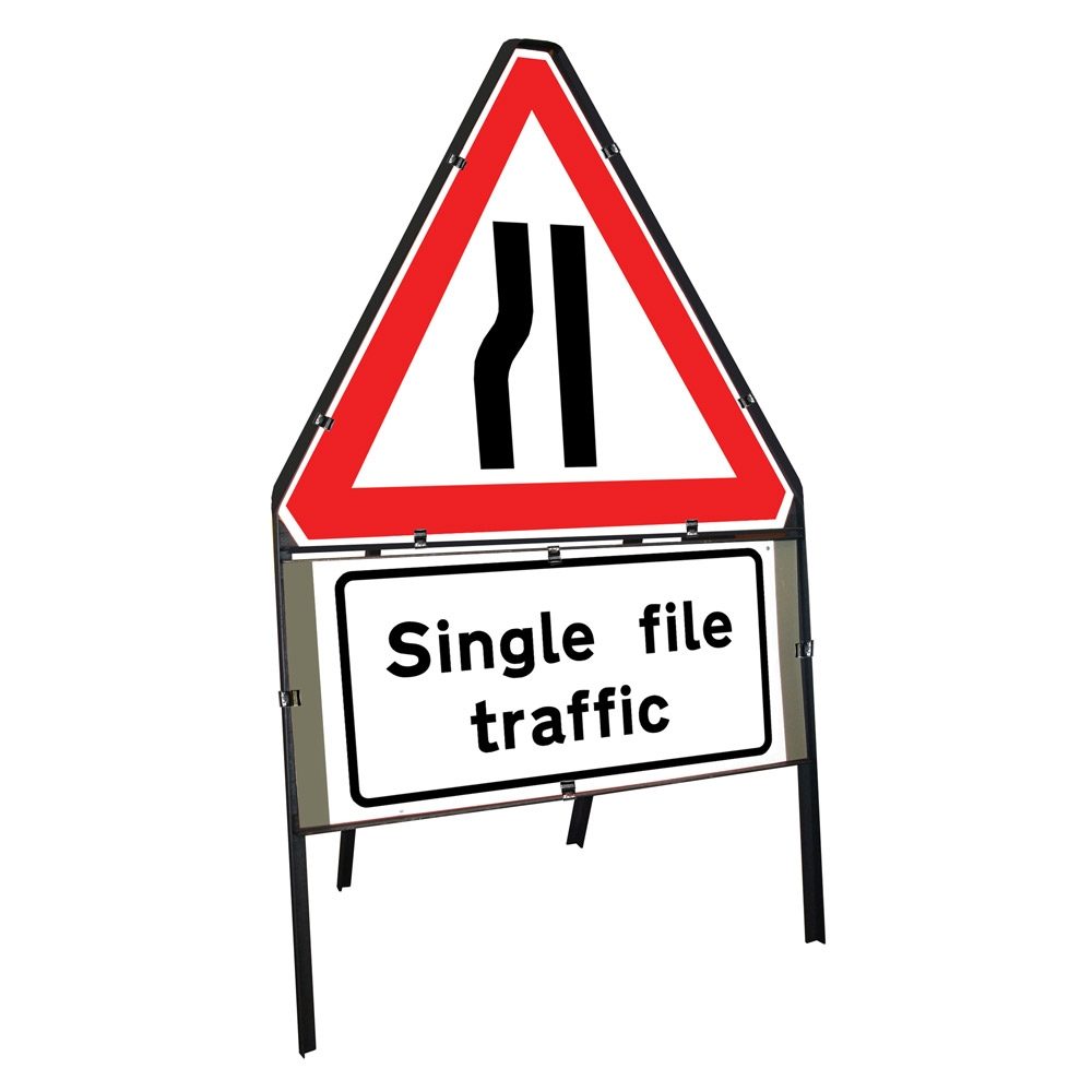 Road Narrows Nearside Clipped Triangular Metal Road Sign with Single File Traffic Supplement Plate - 750mm