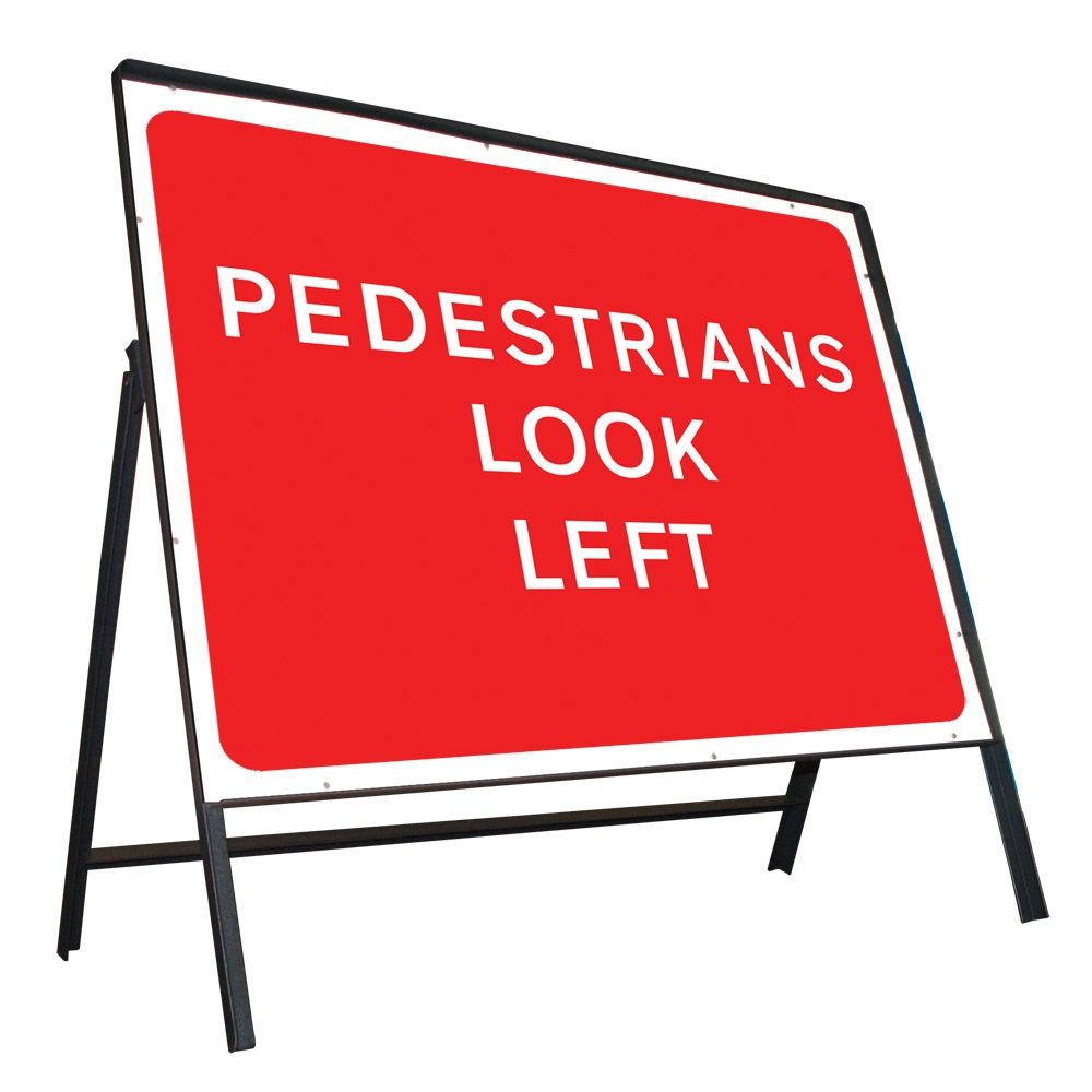 Pedestrians Look Left Riveted Metal Road Sign - 600 x 450mm