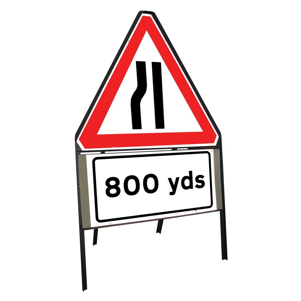 Road Narrows Nearside Riveted Triangular Metal Road Sign with 800 Yards Supplement Plate - 900mm