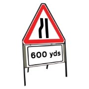 Road Narrows Nearside Riveted Triangular Metal Road Sign with 600 Yards Supplement Plate - 900mm