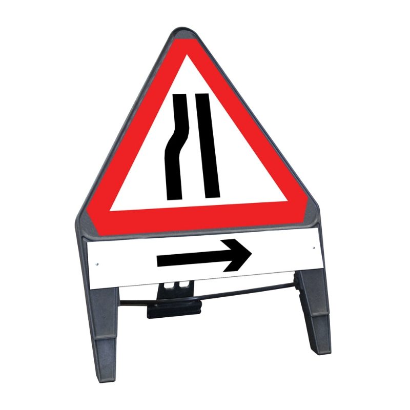CuStack Road Narrows Nearside Triangular Sign with Arrow Right Supplement Plate - 750mm