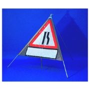 Classic Road Narrows Offside Triangular Roll Up Road Sign with Supplement Plate - 750mm