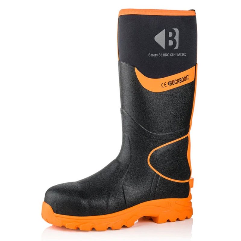 Buckbootz BBZ 8000 Neoprene Rubber Safety Wellingtons - Black / Orange