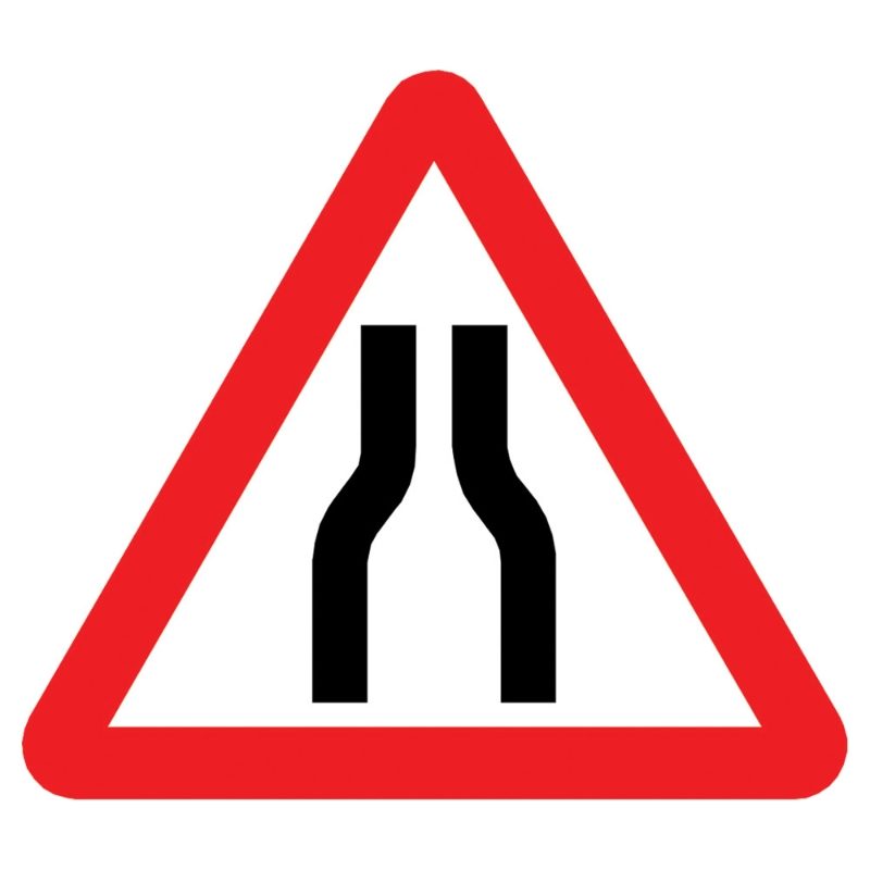 'Road Narrows Both Sides' Triangular Metal Road Sign Plate - 900mm