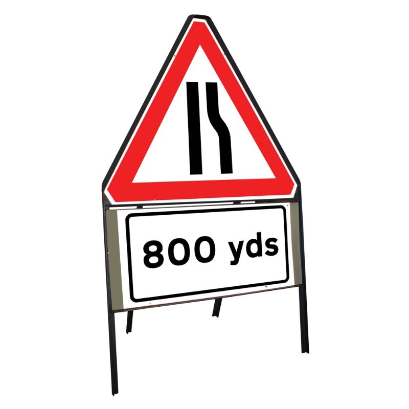 Road Narrows Offside Riveted Triangular Metal Road Sign with 800 Yards Supplement Plate - 900mm