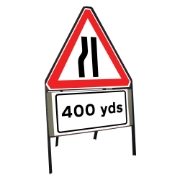 Road Narrows Nearside Riveted Triangular Metal Road Sign with 400 Yards Supplement Plate - 900mm