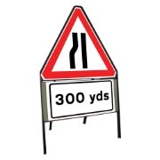 Road Narrows Nearside Riveted Triangular Metal Road Sign with 300 Yards Supplement Plate - 900mm