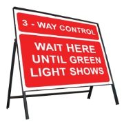 3 Way Control, Wait Here Until Green Light Shows Riveted Metal Road Sign - 1050 x 750mm
