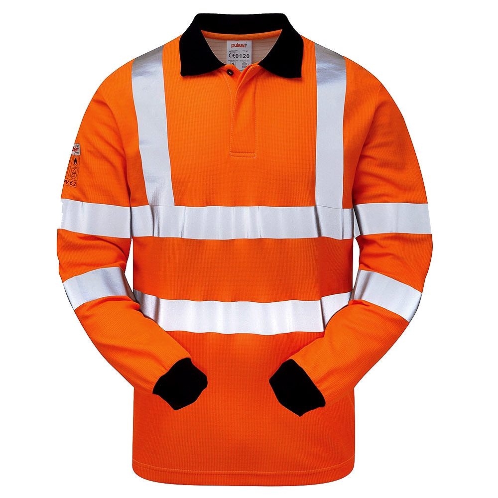 Pulsarail Rail Flame Retardant Anti Static Arc Hi Vis Long Sleeve Orange Polo Shirt