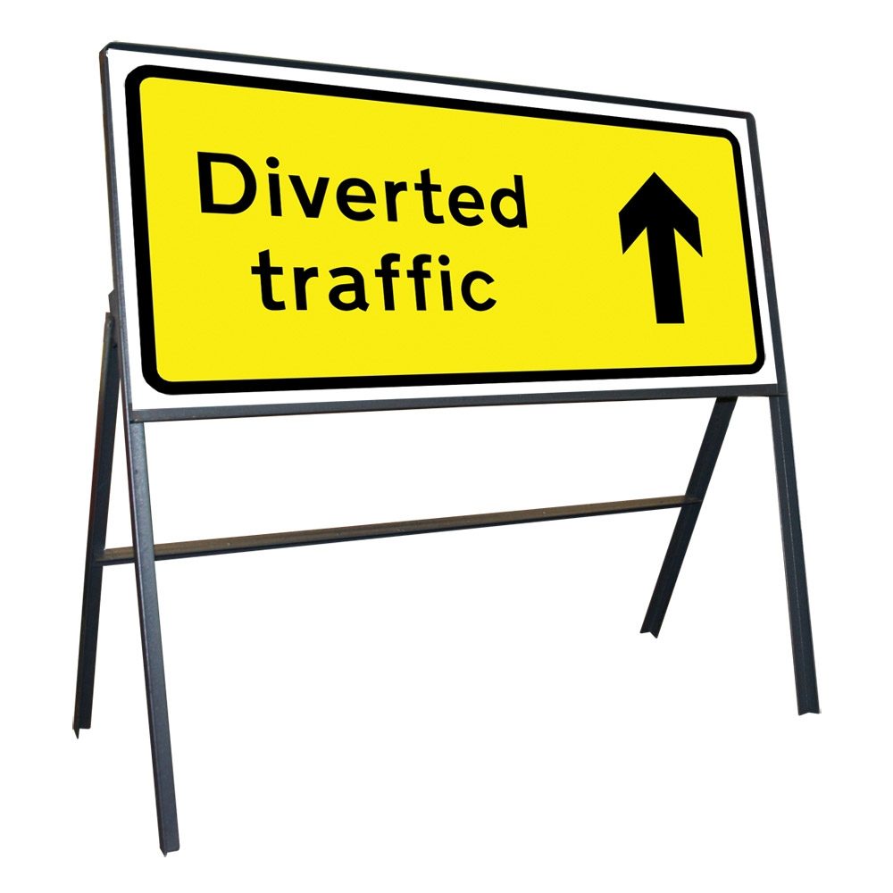Diverted Traffic Ahead Riveted Metal Road Sign - 1050 x 450mm