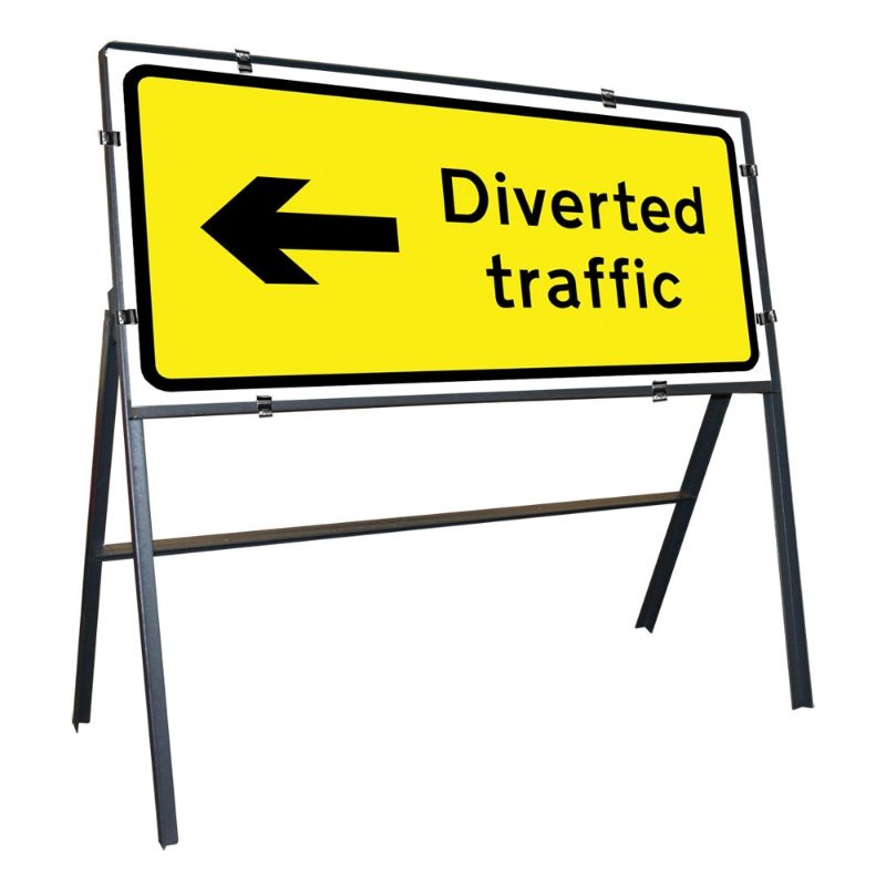Diverted Traffic Left Clipped Metal Road Sign - 1050 x 450mm