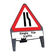 CuStack Road Narrows Offside Triangular Sign with Single File Traffic Supplement Plate - 750mm