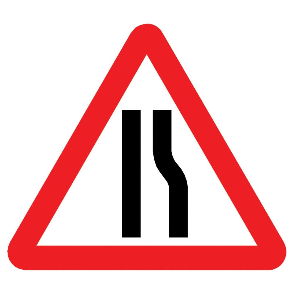 Road Narrows Offside Triangular Metal Road Sign Plate - 900mm