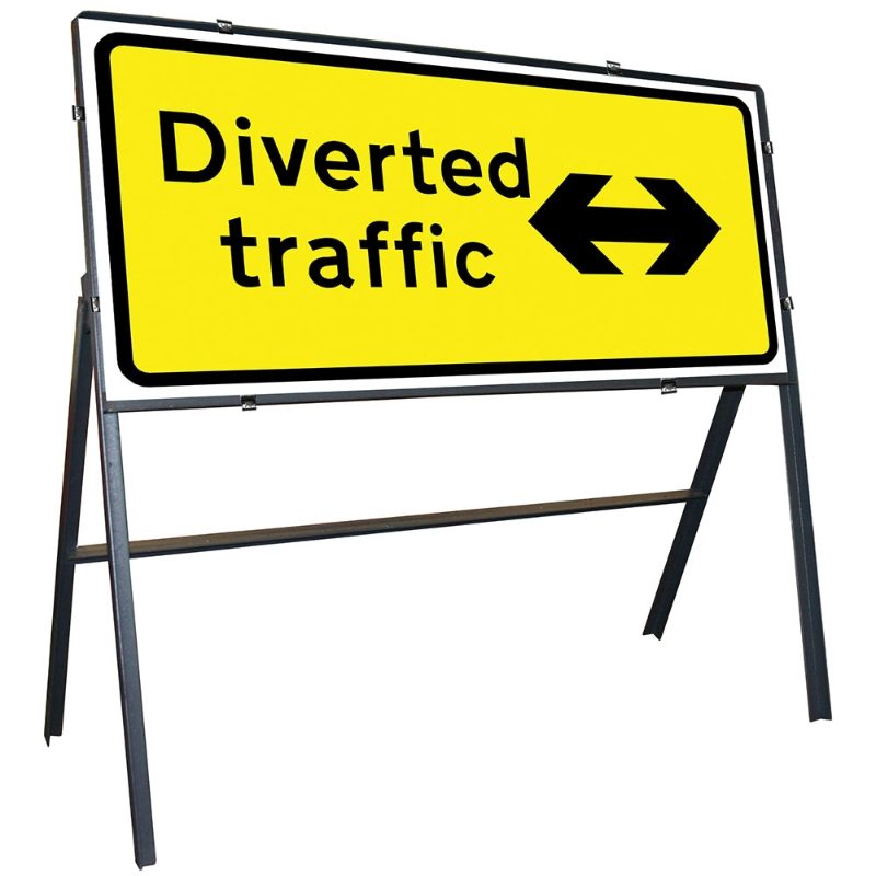Diverted Traffic Left / Right Reversible Clipped Metal Road Sign - 1050 x 450mm