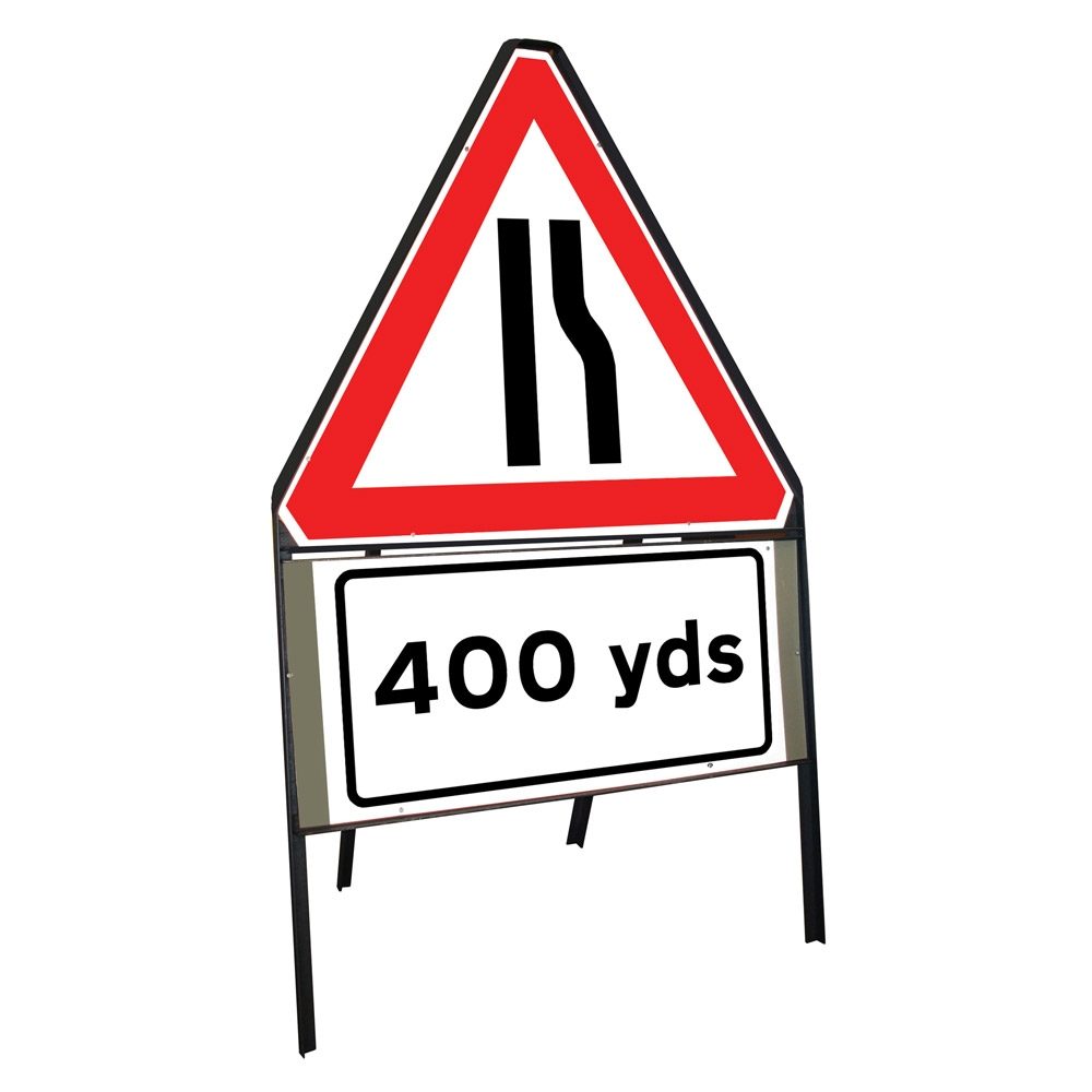 Road Narrows Offside Riveted Triangular Metal Road Sign with 400 Yards Supplement Plate - 900mm