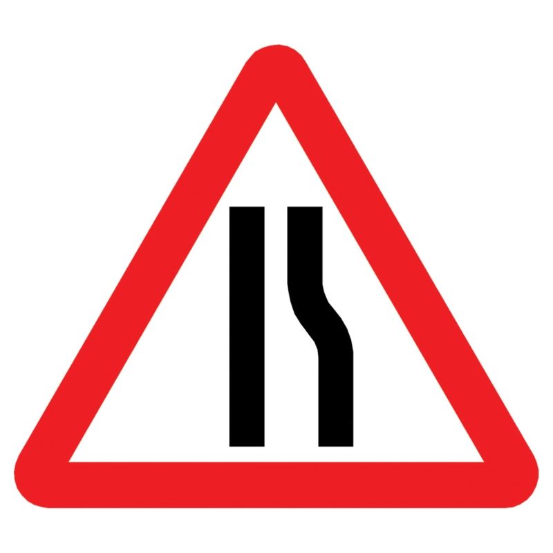 Road Narrows Offside Triangular Metal Road Sign Plate - 750mm