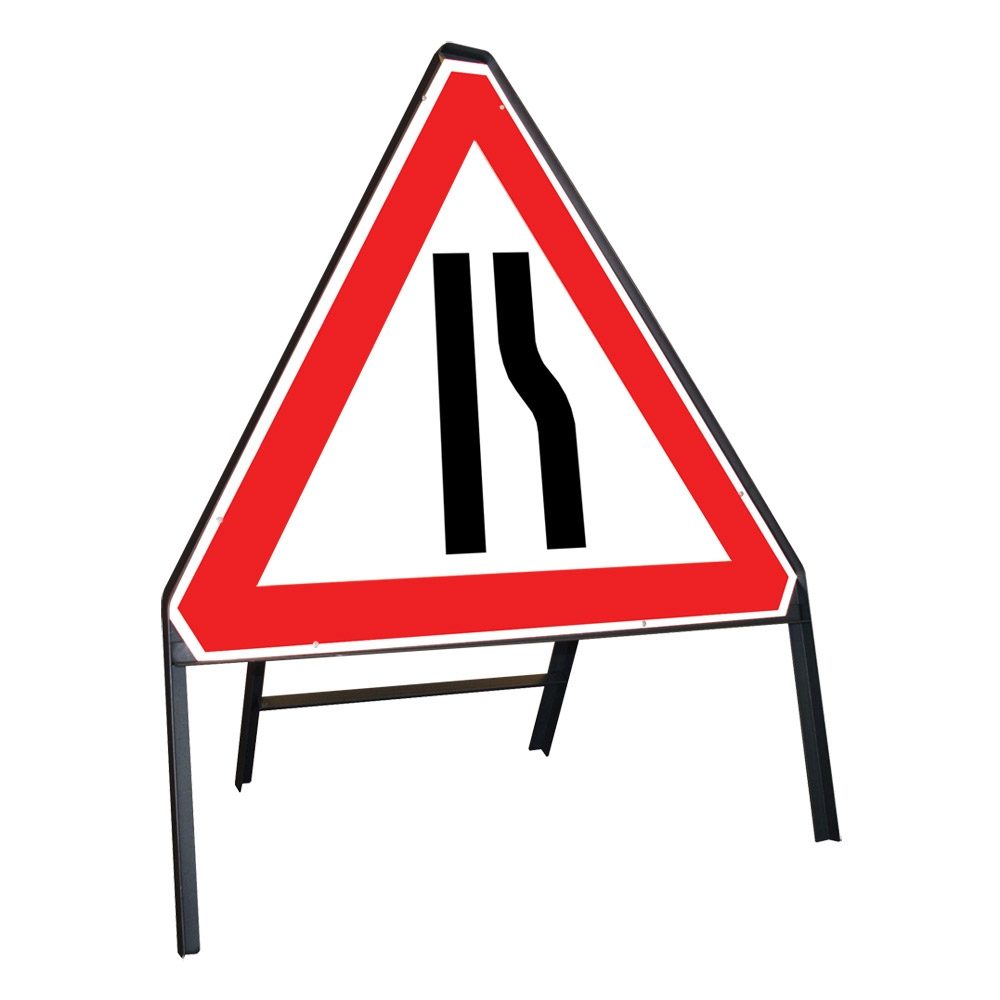 Road Narrows Nearside / Offside Reversible Riveted Triangular Metal Road Sign - 750mm