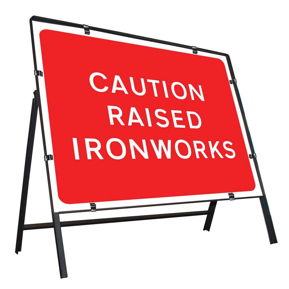 Caution Raised Ironworks Clipped Metal Road Sign - 1050 x 750mm