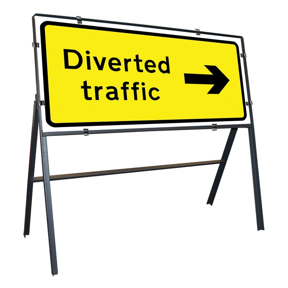 Diverted Traffic Right Clipped Metal Road Sign - 1050 x 450mm