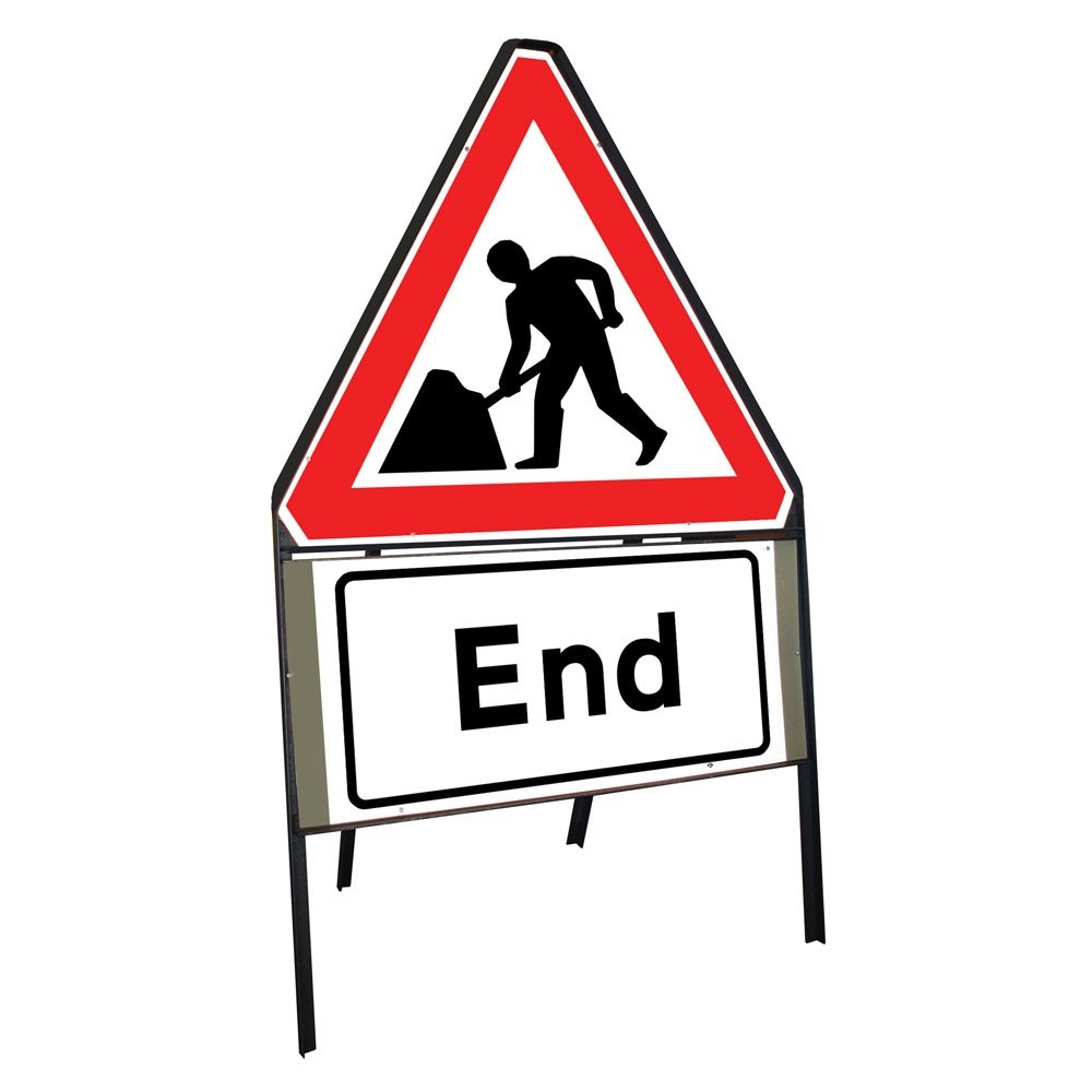 Men at Work Roadworks Riveted Triangular Metal Road Sign with End Supplement Plate - 900mm