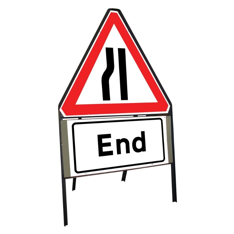 Road Narrows Nearside Riveted Triangular Metal Road Sign with End Supplement Plate - 900mm