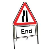 Road Narrows Nearside Riveted Triangular Metal Road Sign with End Supplement Plate - 750mm