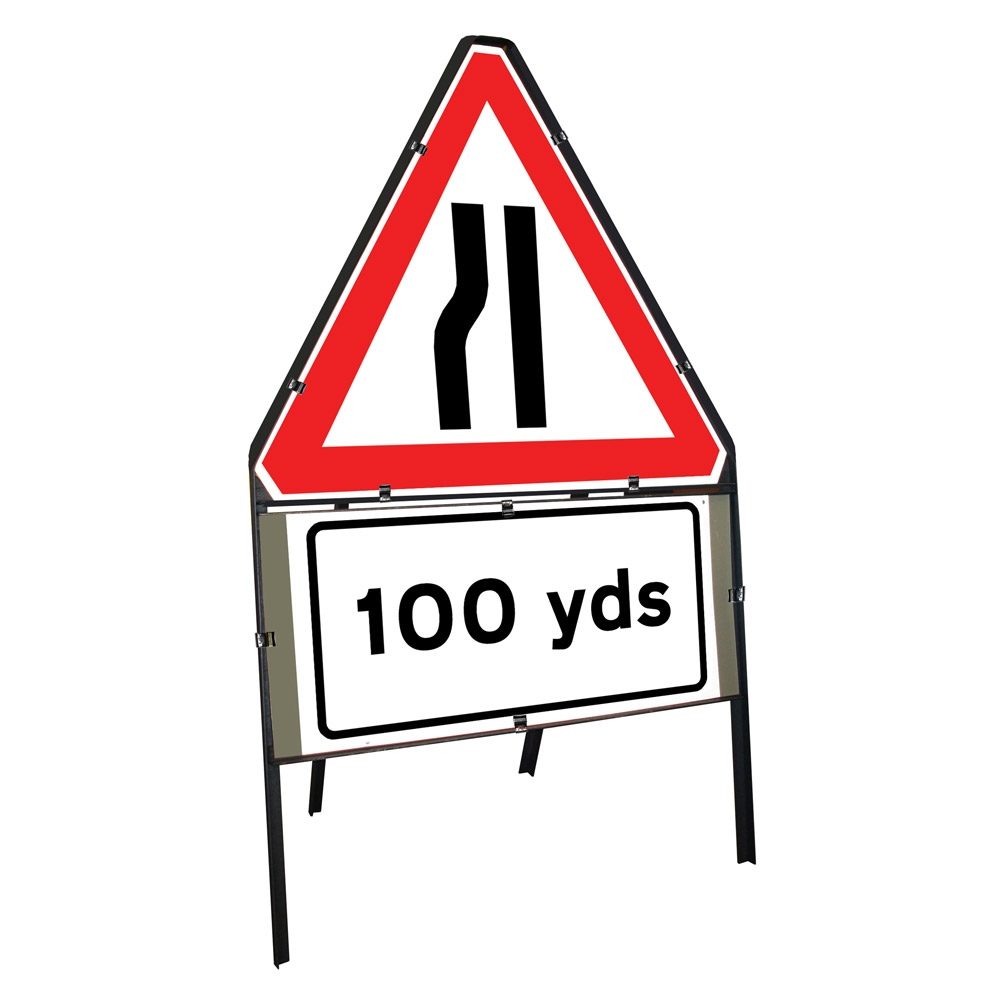 Road Narrows Nearside Clipped Triangular Metal Road Sign with 100 Yards Supplement Plate - 750mm
