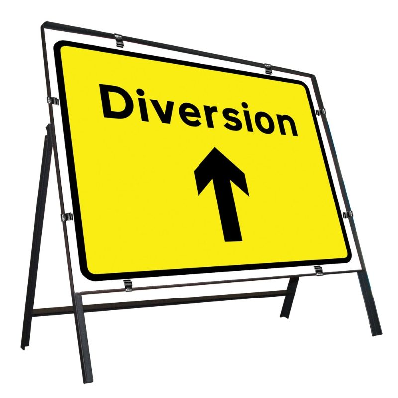 Diversion Ahead Clipped Metal Road Sign - 1050 x 750mm