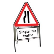 Road Narrows Nearside Riveted Triangular Metal Road Sign with Single File Traffic Supplement Plate - 900mm