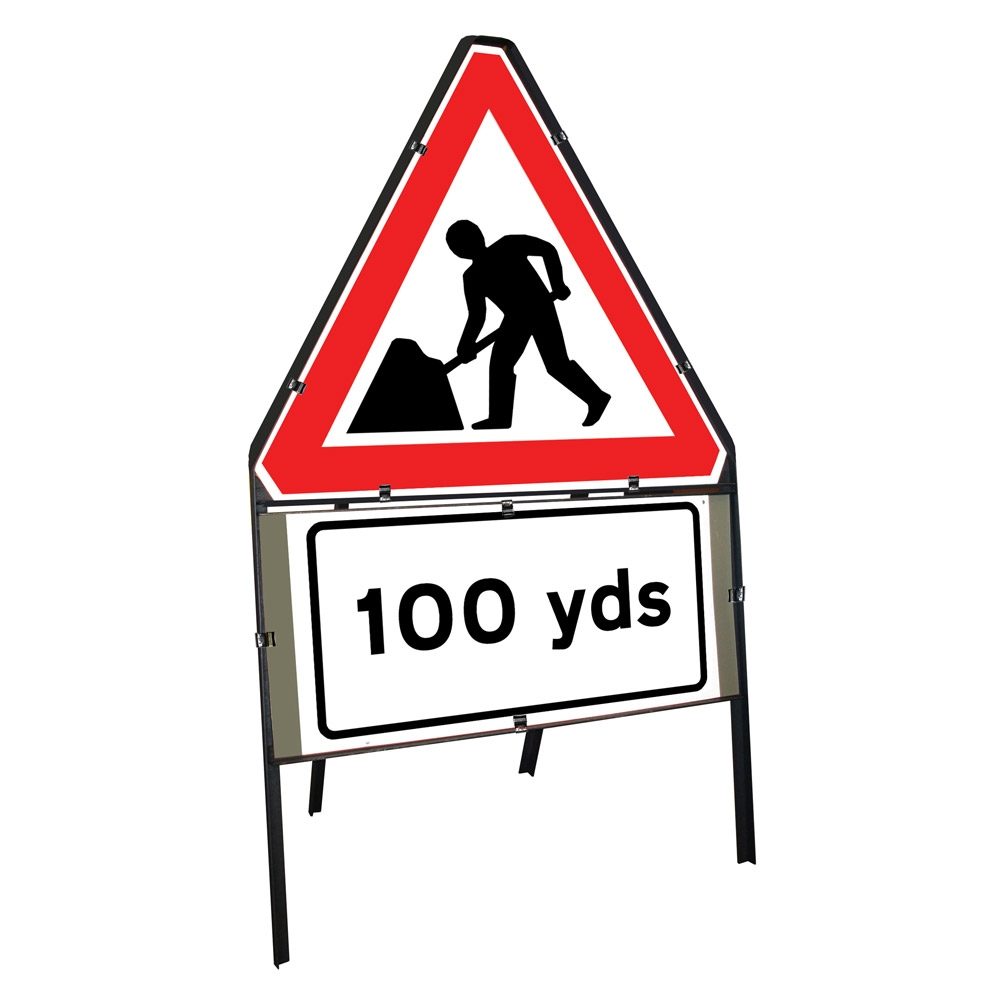 Men at Work Roadworks Clipped Triangular Metal Road Sign with 100 Yards Supplement Plate - 750mm
