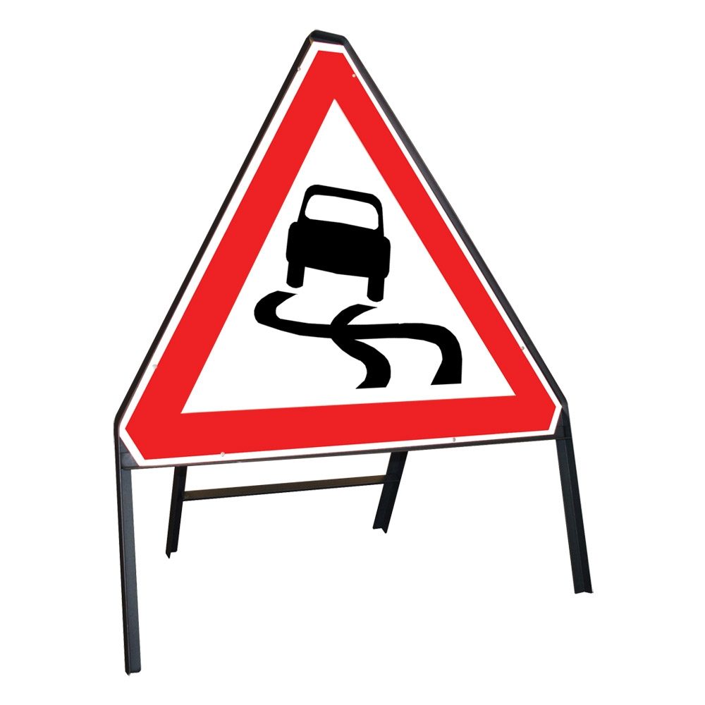 Slippery Road Riveted Triangular Metal Road Sign - 750mm