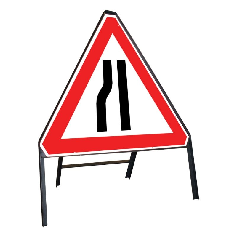 Road Narrows Nearside / Offside Reversible Riveted Triangular Metal Road Sign - 750mm