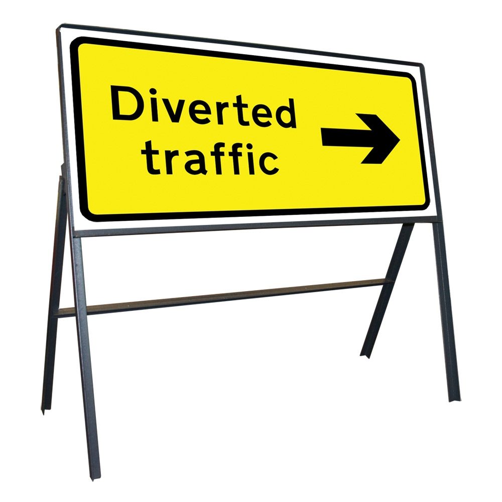 Diverted Traffic Right Riveted Metal Road Sign - 1050 x 450mm