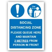 Social Distancing Zone Please Queue Here PVC Sign - 300mm x 400mm x 1mm