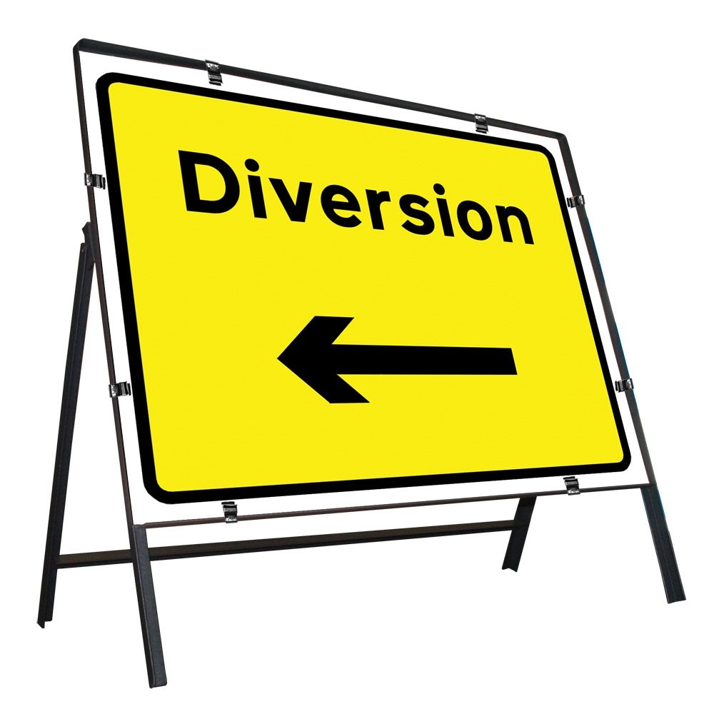 Diversion Left Clipped Metal Road Sign - 1050 x 750mm