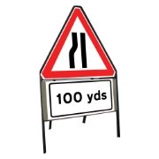 Road Narrows Nearside Riveted Triangular Metal Road Sign with 100 Yards Supplement Plate - 900mm