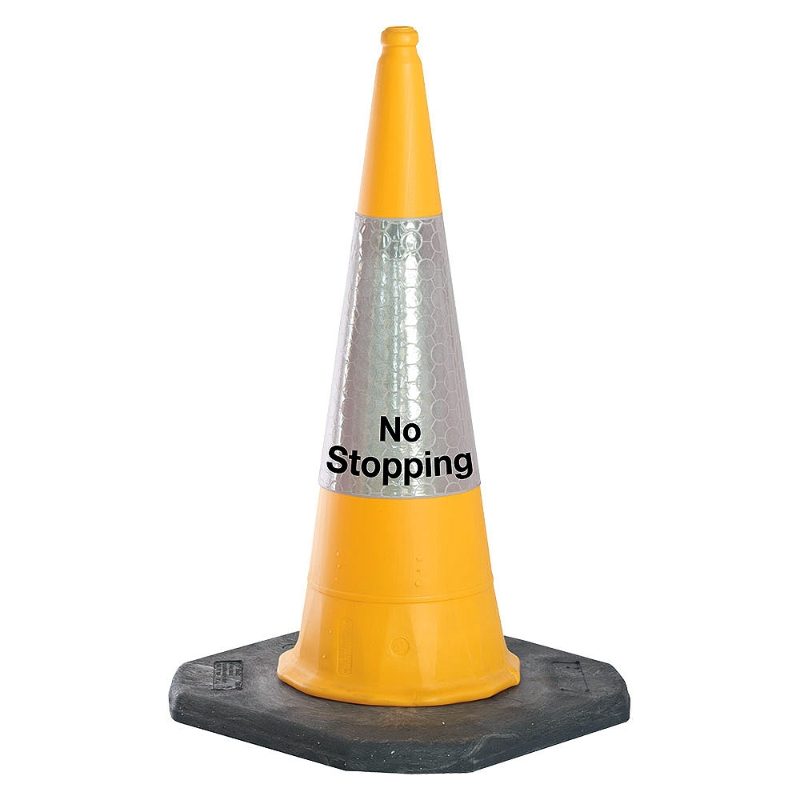 Yellow Traffic Cone - 1m - White Sleeve - No Stopping