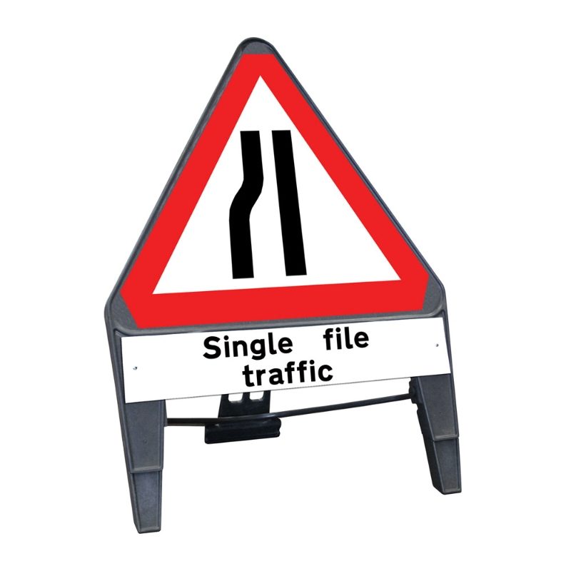 CuStack Road Narrows Nearside Triangular Sign with Single File Traffic Supplement Plate - 750mm