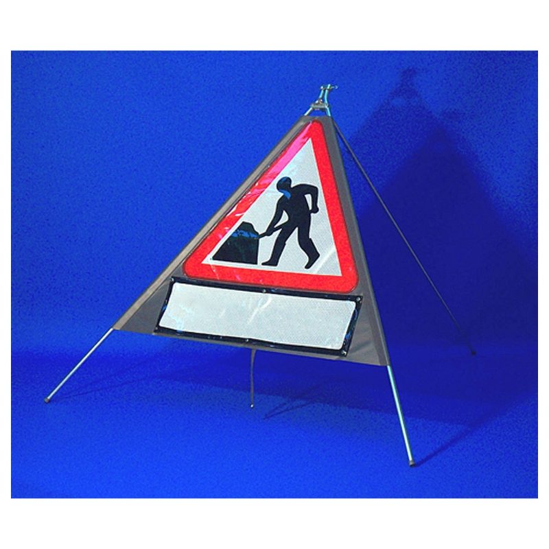 Classic Men at Work Roadworks Triangular Roll Up Road Sign with Supplement Plate - 750mm